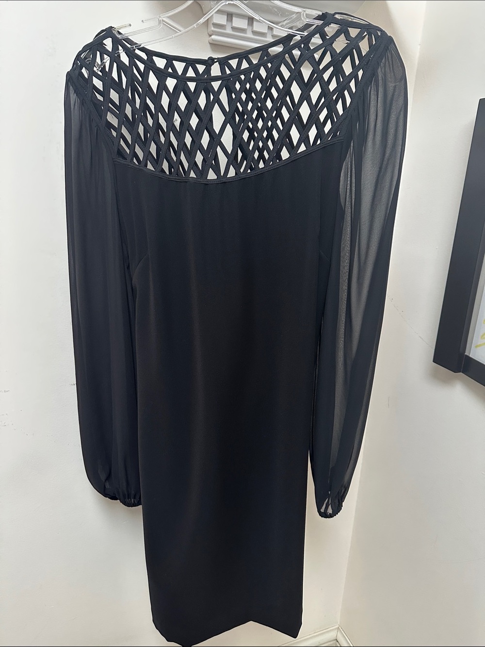 White House Black Market Black Long-Sleeve Dress with Lattice Yoke